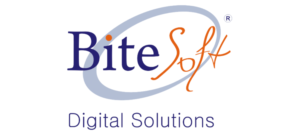 Logo for "BiteSoft Digital Solutions" with "Bite" in blue, "Soft" in orange script, an orange dot over the "i," and a blue swoosh encircling part of the text. "Digital Solutions" appears below in blue.